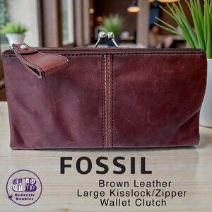 Fossil Vintage Brown Leather Wallet Clutch 2 Sided Kiss lock and Zipper
